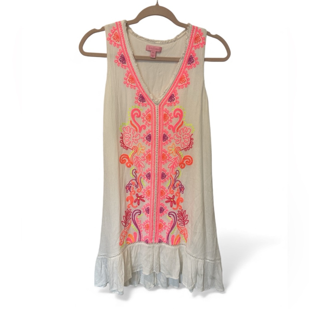 Lilly Pulitzer white dress with Neon Pink, Orange & Yellow Embroidery